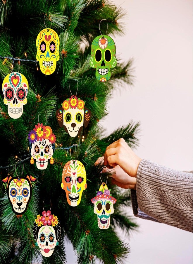 Eternity sky 72PCS Day of The Dead Wooden Craft Kit DIY Sugar Skull Dia De Los Muertos Halloween Hanging Decor with Coloring Pen Rope - Image 4